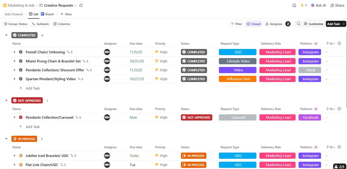 Creative requests list with status, type, role and platform
