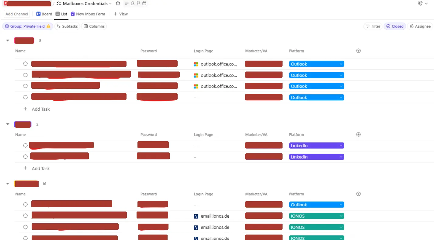 Mailbox database grouped by contractor with platform tags